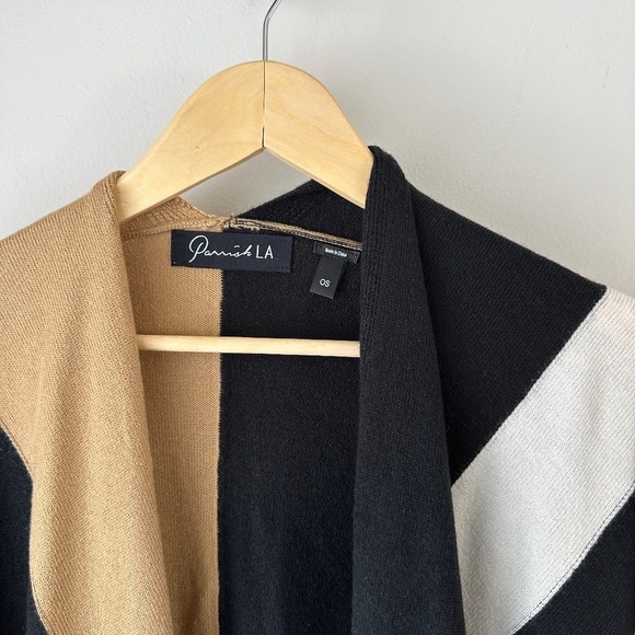 Parrish LA Sweater‎ Poncho Cardigan Wrap Tan Winter White Black Fringe OS - Picture 4 of 9